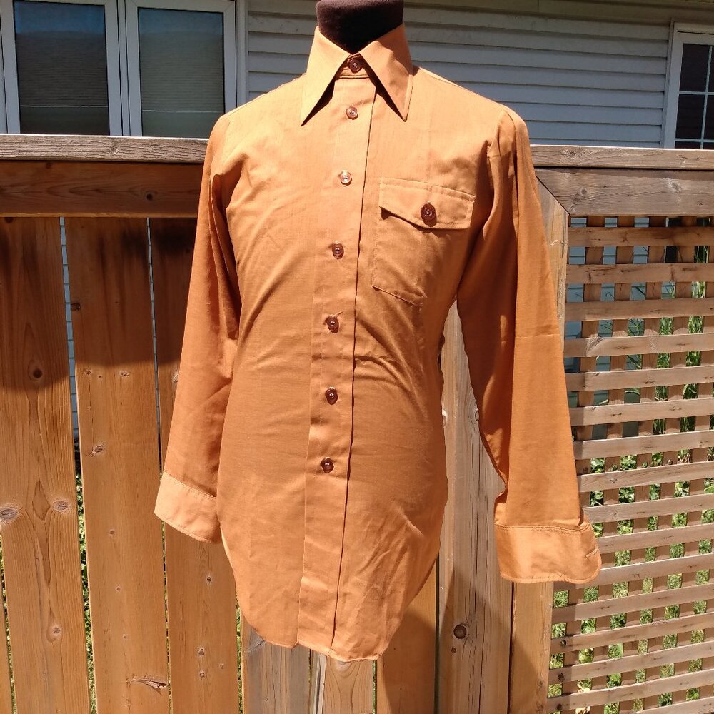 Vintage 70s Brown Shirt Button Tall Butterfly Collar Fitted Small Disco